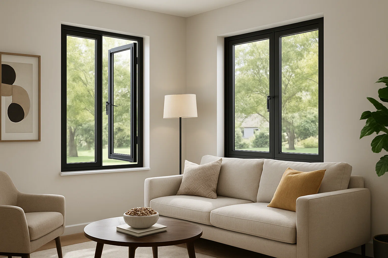 Contemporary living room with black‑framed casement windows