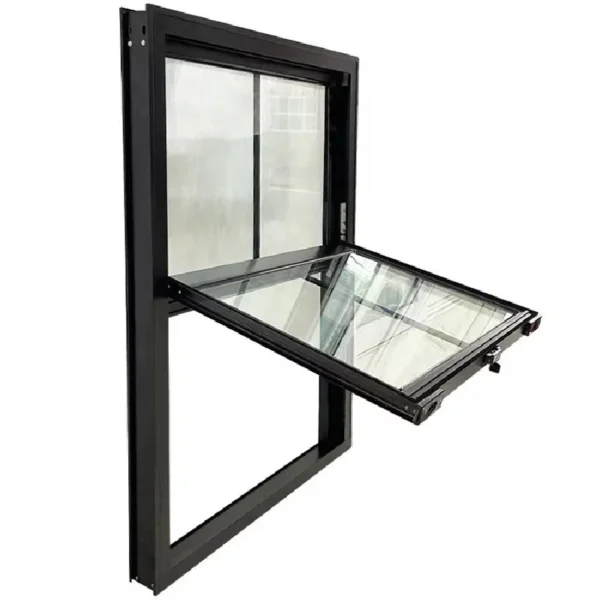 Aluminum window frame for single hung model being CNC cut in factory