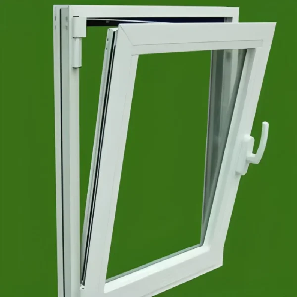 PVC tilt and turn window in a bright living room, open in tilt position