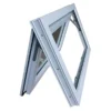 Close-up of vinyl top hung window frame with hidden hinges and weather seals
