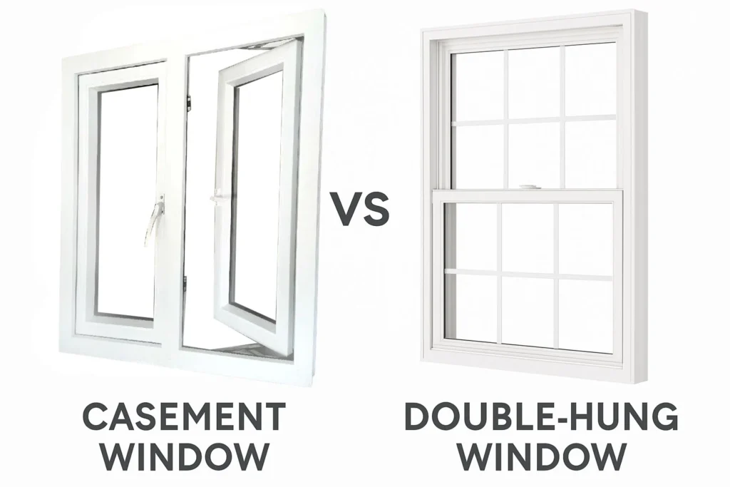 Comparison picture, casement on the left and double hung window on the right