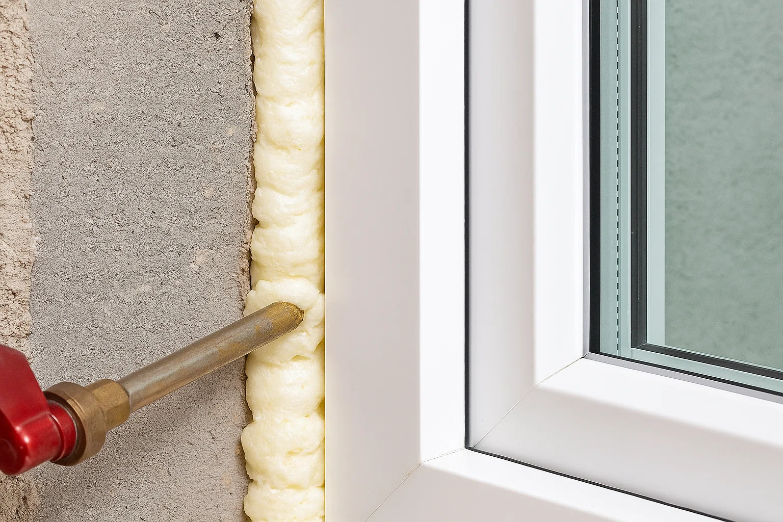 Show how to fill the space between the window frame and the wall with foam insulation