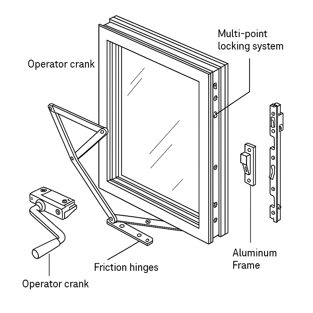 Exploded diagram of casement window operator, friction hinge and multi‑point lock