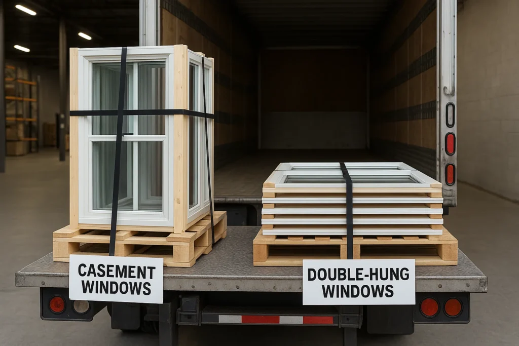 Pallet of vertically loaded casement windows versus flat‑stacked double‑hungs on truck tailgate
