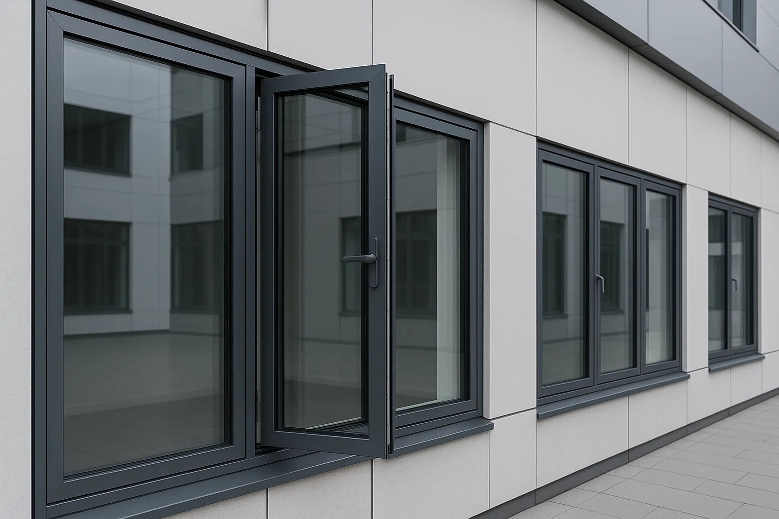 Modern commercial façade fitted with aluminum casement window systems – slim sight-lines, concealed multi-point locks