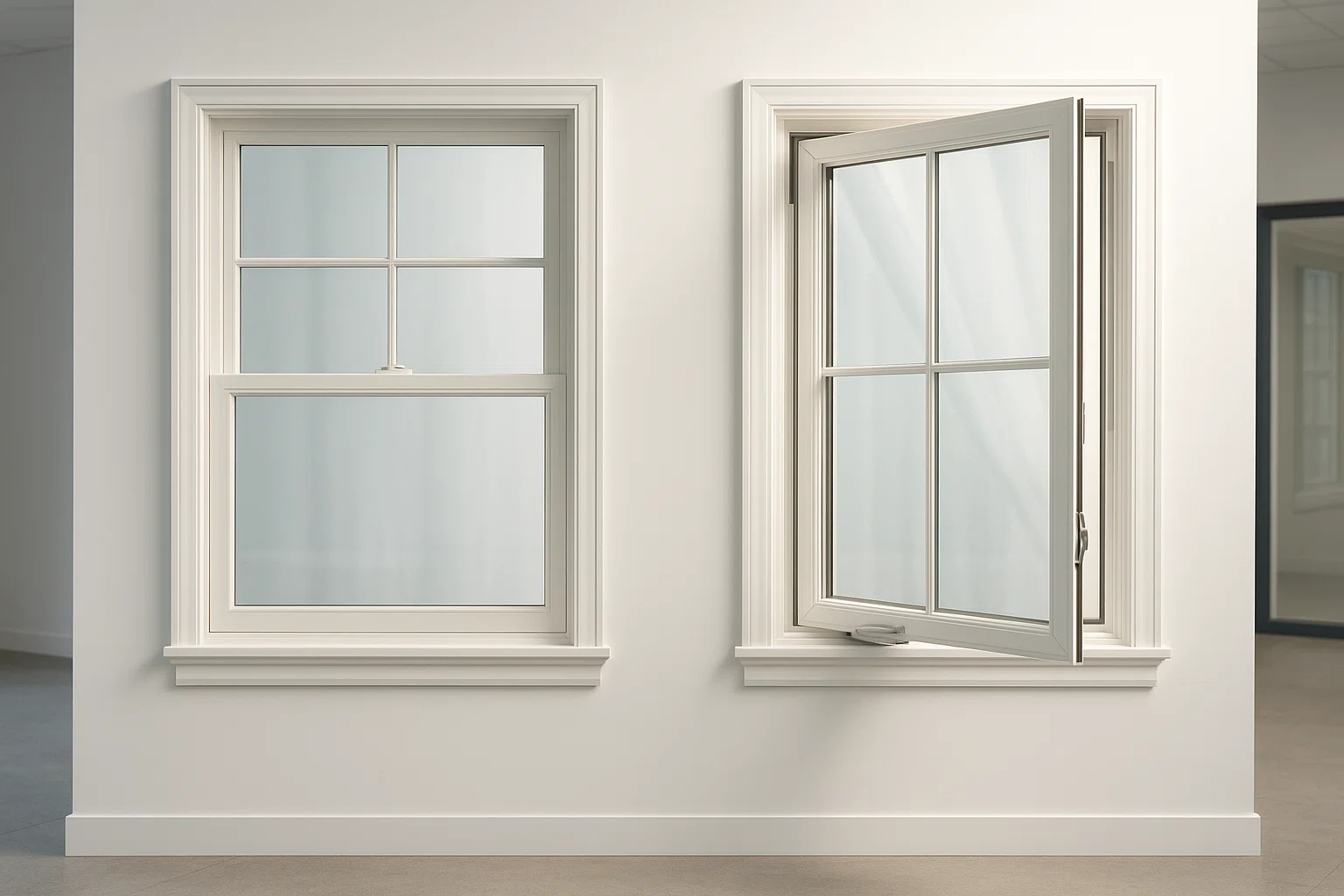 Showroom comparison of open double-hung and crank-out casement window