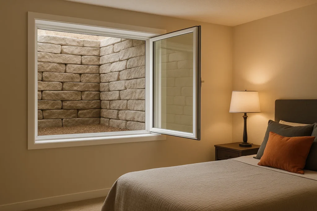 basement bedroom showing large egress casement window fully open for escape