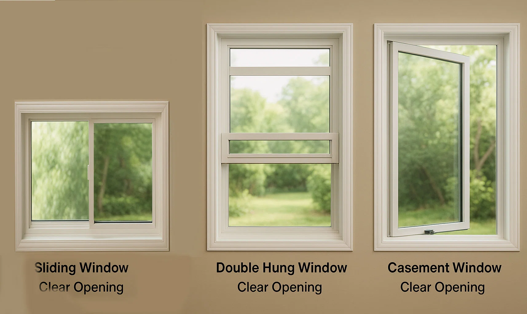 comparison graphic of slider, double-hung, and casement egress window opening space
