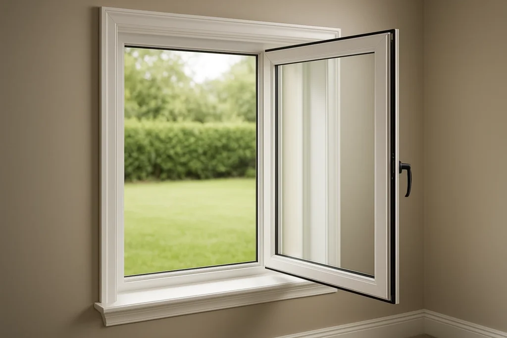 outward opening casement window showing wide unobstructed emergency exit