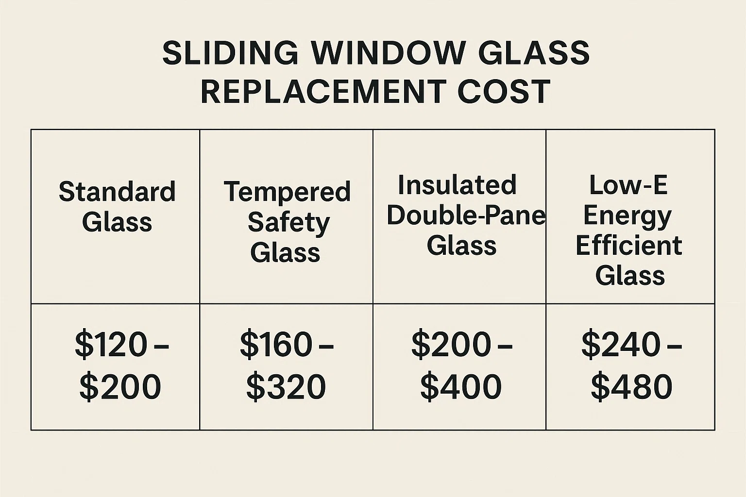Side-by-side chart comparing glass types and cost ranges