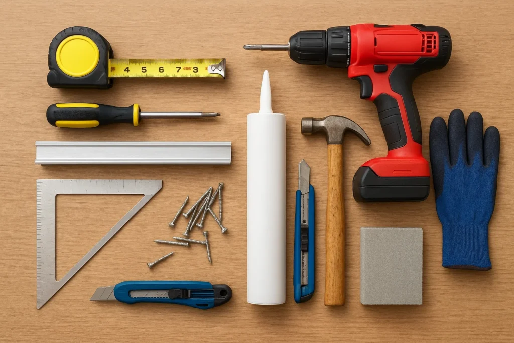 window installation tools flat lay