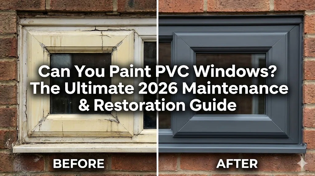 A split-screen professional blog featured image showing a dramatic window transformation. The left side (BEFORE) displays a weathered, yellowed, and aged white uPVC window frame on a brick wall. The right side (AFTER) shows the same frame professionally spray-painted in a sleek, modern matte anthracite grey finish. A bold central text overlay reads: "Can You Paint PVC Windows? The Ultimate 2026 Maintenance & Restoration Guide."