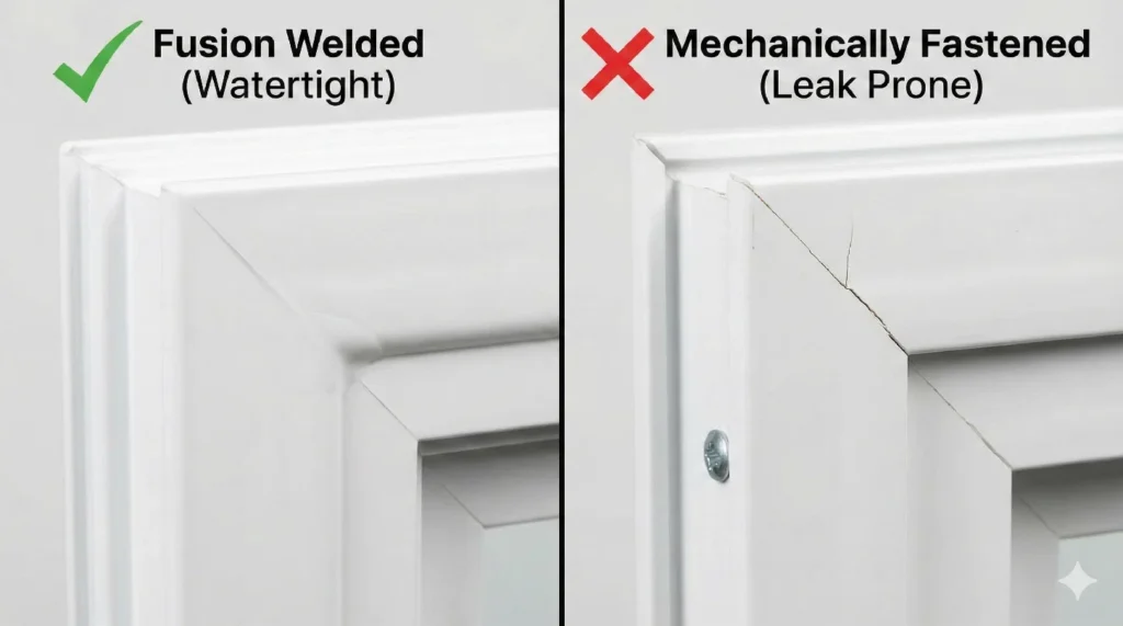 Comparaison d'un angle de fenêtre en vinyle soudé par fusion de haute qualité et d'un angle de basse qualité fixé mécaniquement à l'aide de vis