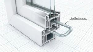 3D exploded view revealing the galvanized steel reinforcement channel inserted inside a vinyl window profile