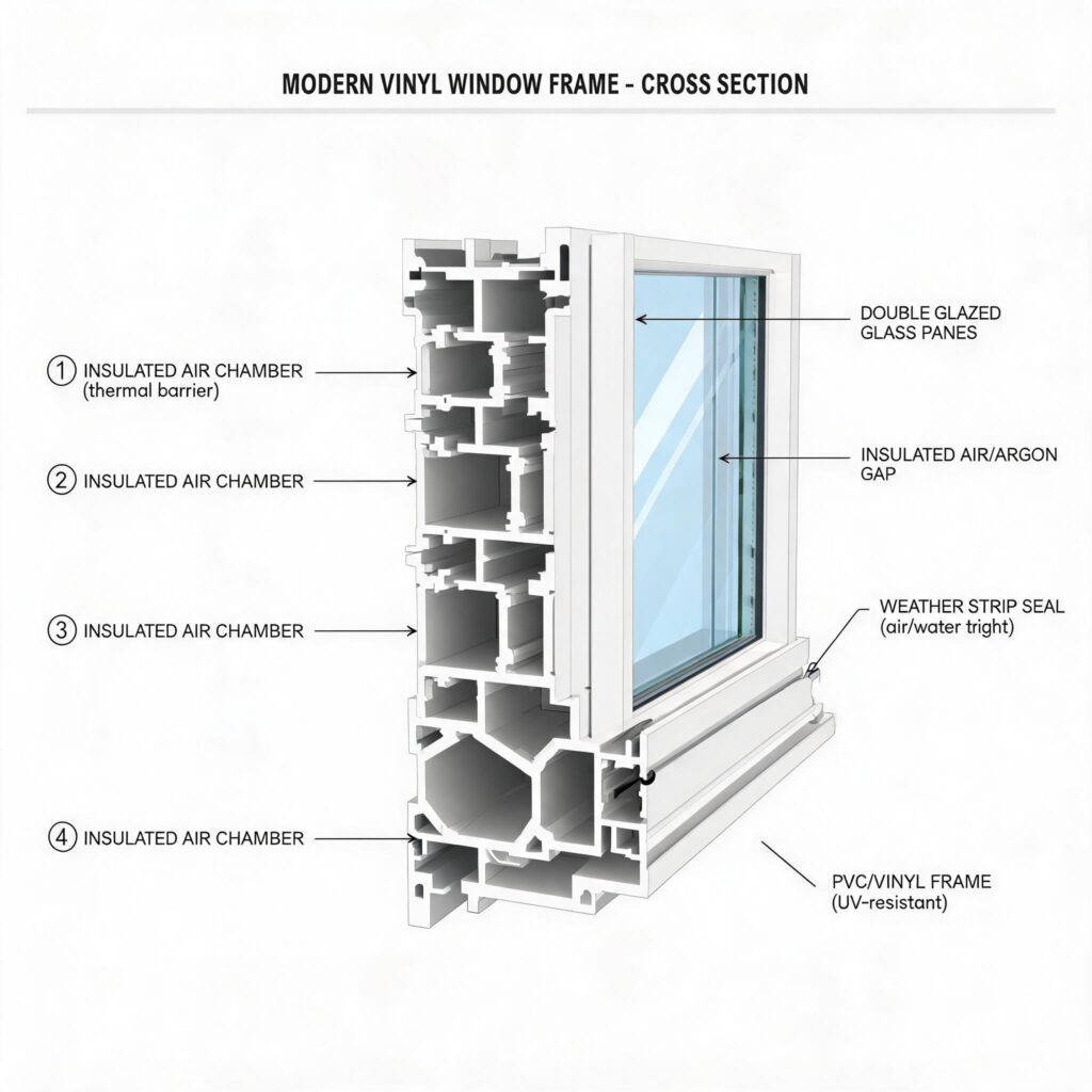 cross-section-of-modern-vinyl-window-frame-showing-multi-chamber-designfrom door&window factory