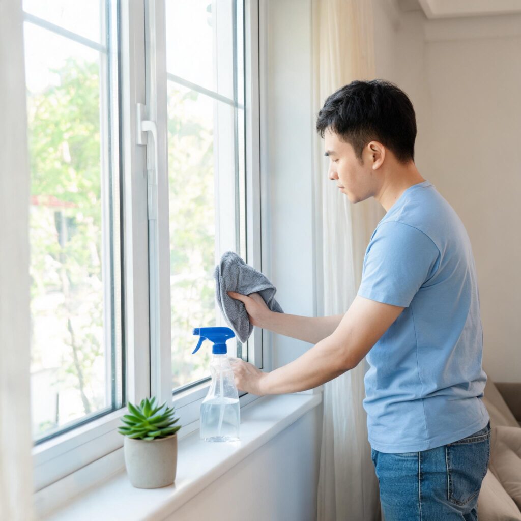 homeowner-cleaning-vinyl-window-frames-with-soft-clothfrom door&window factory